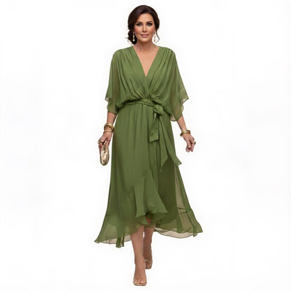 Women’s Midi Dress with V-Neck, Batwing Sleeves and Belt - 1