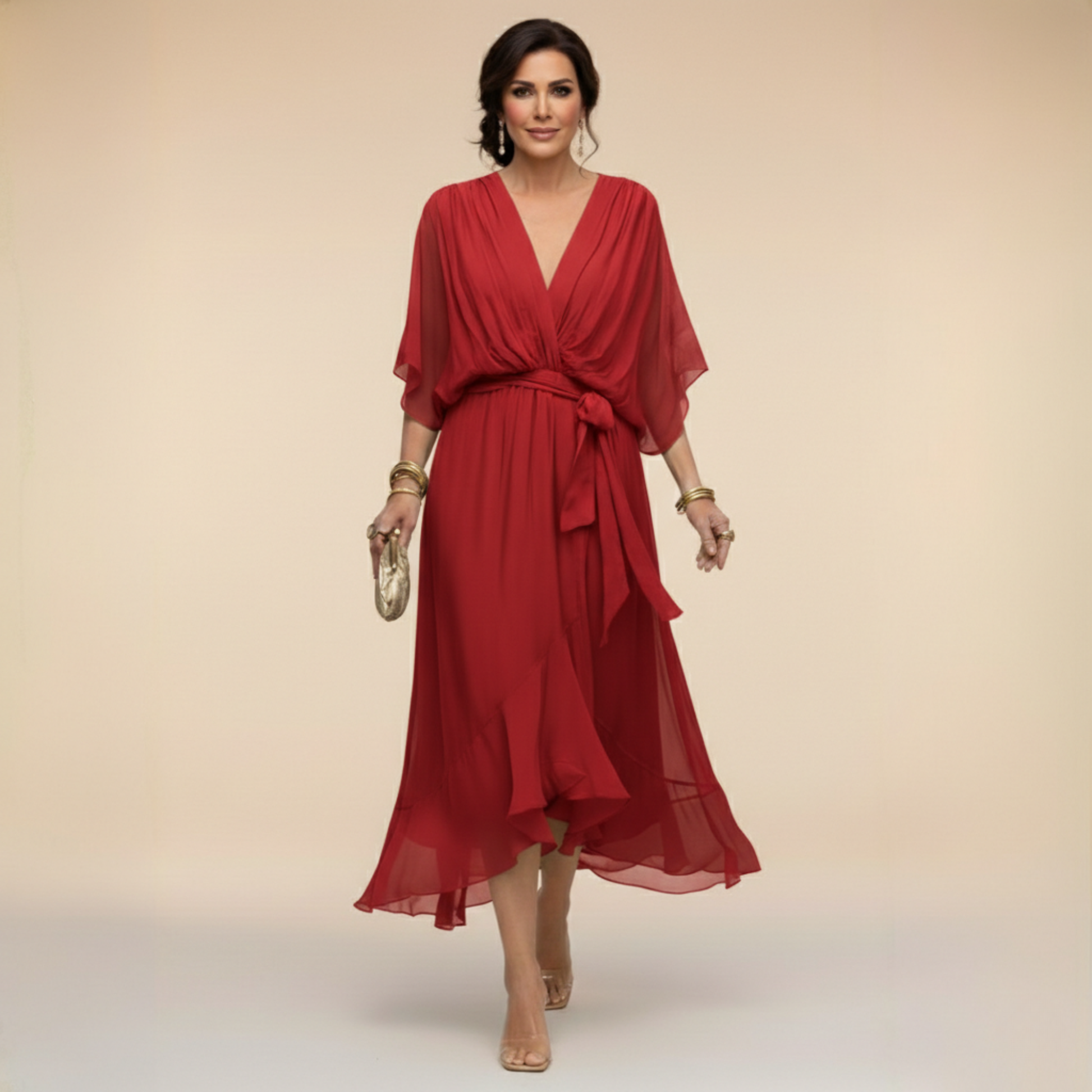 Women’s Midi Dress with V-Neck, Batwing Sleeves and Belt - 10