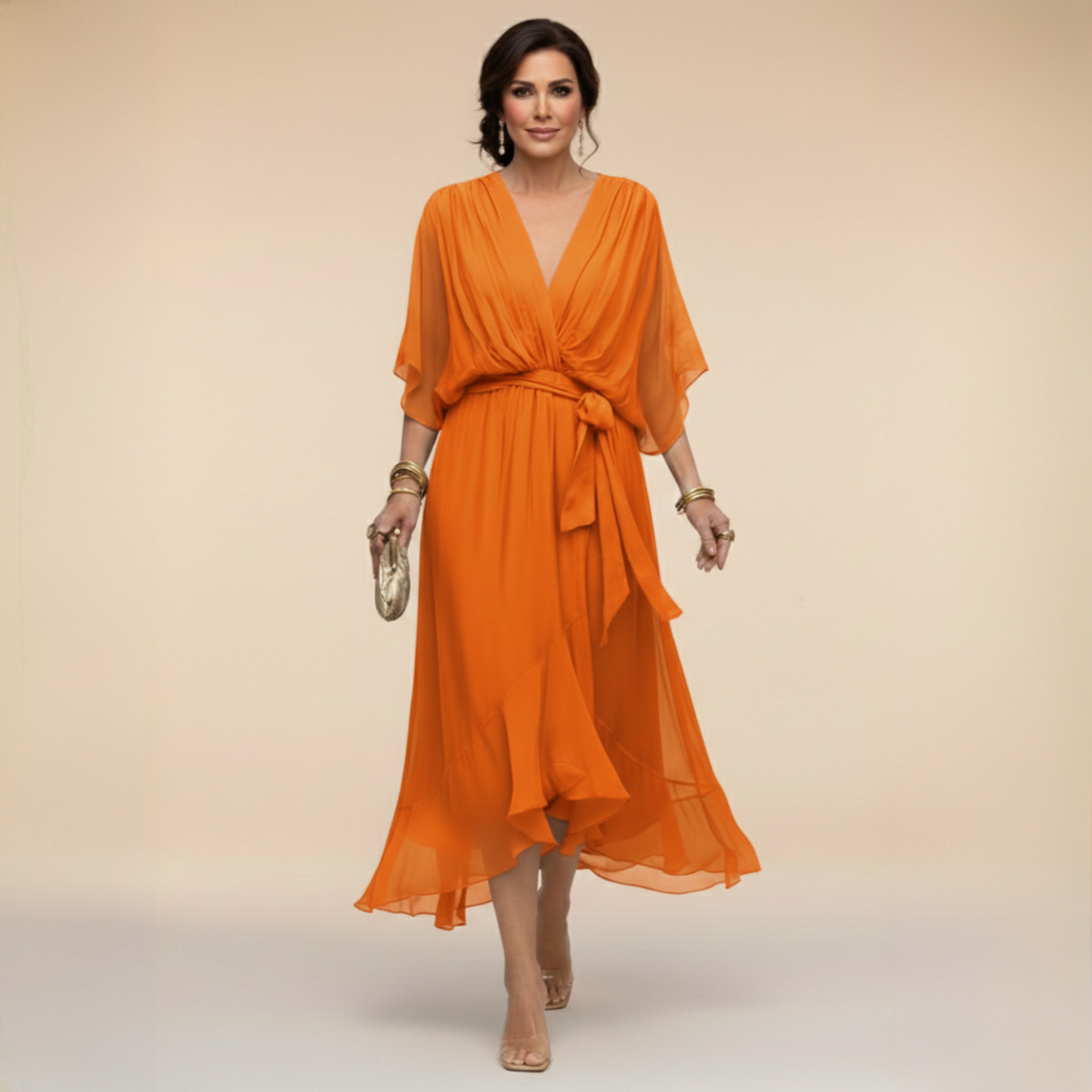Femme Robe Midi à Col en V avec Manches Chauve-Souris et Ceinture