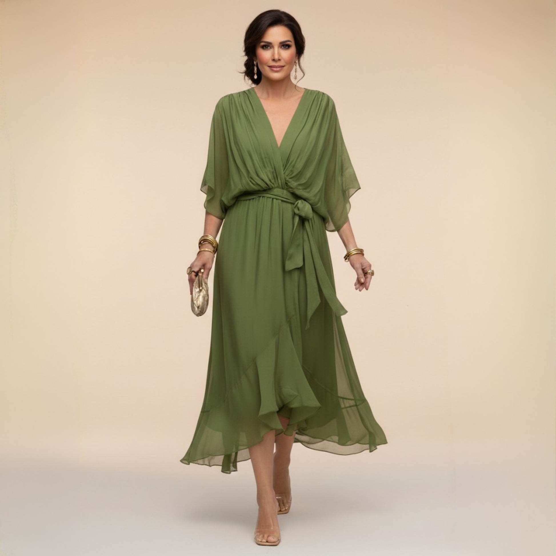 Femme Robe Midi à Col en V avec Manches Chauve-Souris et Ceinture