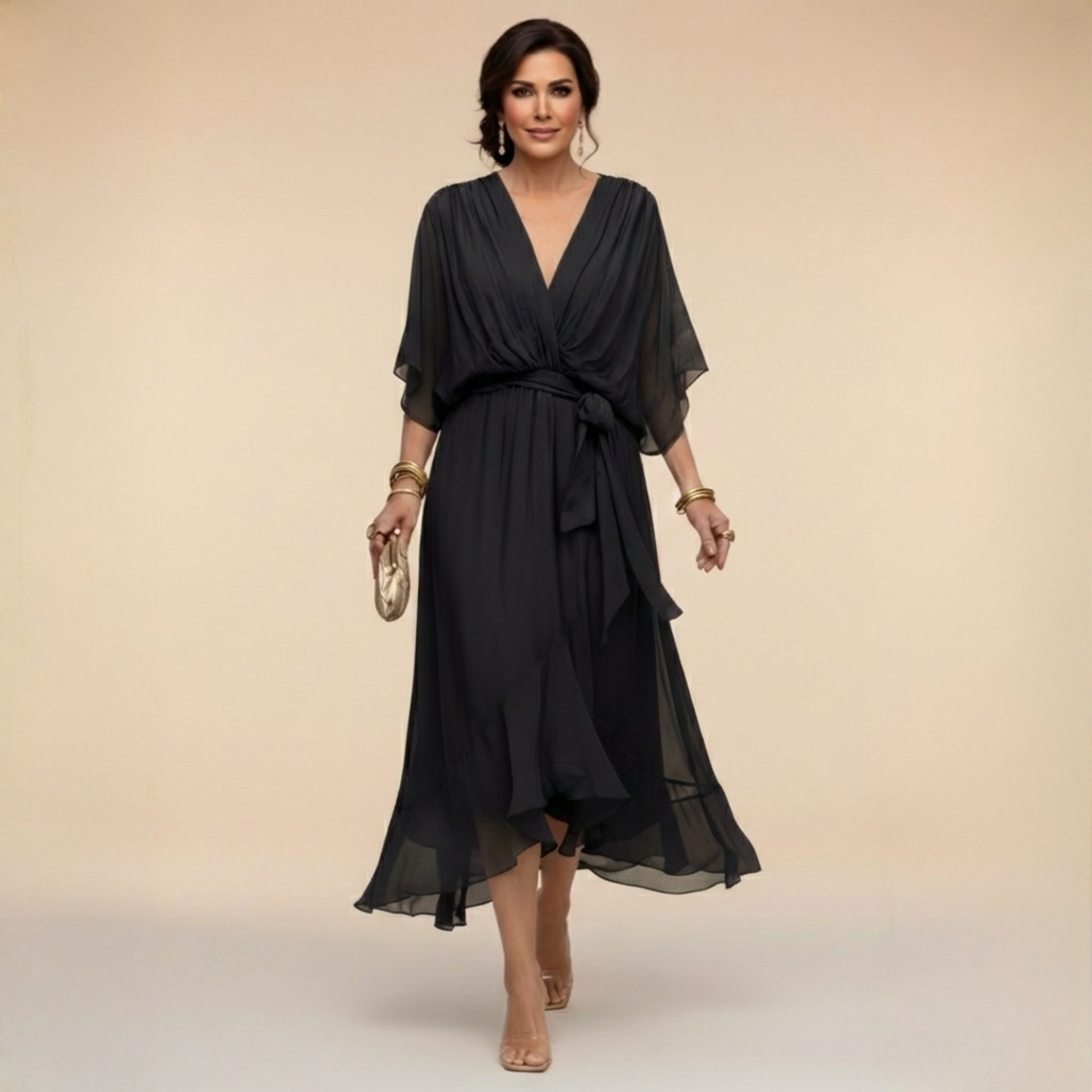 Women’s Midi Dress with V-Neck, Batwing Sleeves and Belt - 3