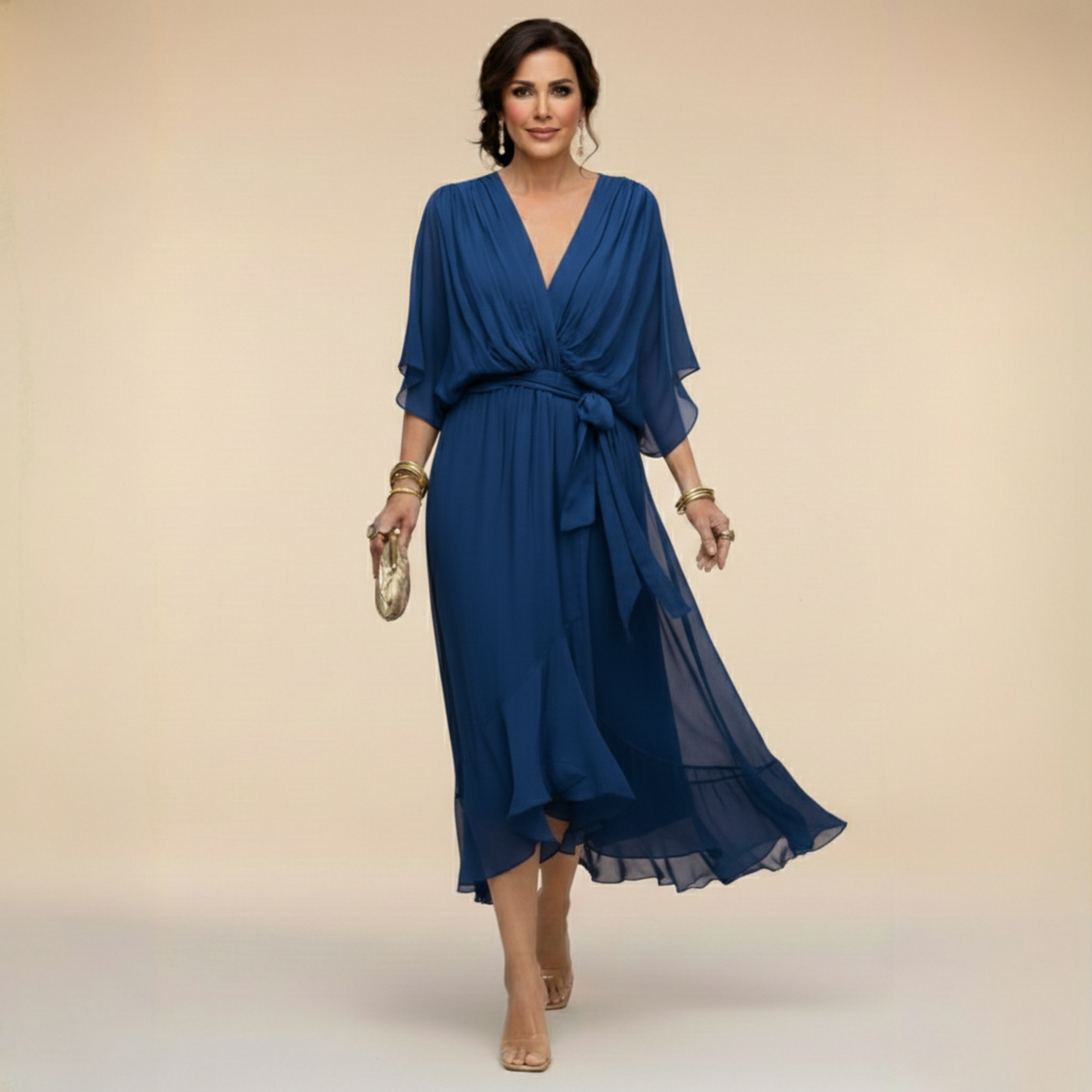 Women’s Midi Dress with V-Neck, Batwing Sleeves and Belt - 4