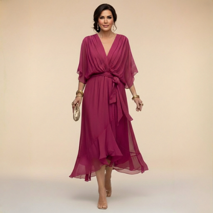Women’s Midi Dress with V-Neck, Batwing Sleeves and Belt - 5