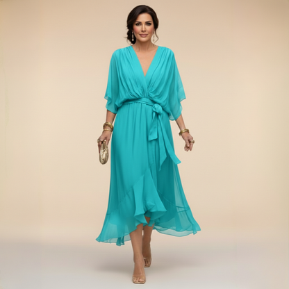 Women’s Midi Dress with V-Neck, Batwing Sleeves and Belt - 6