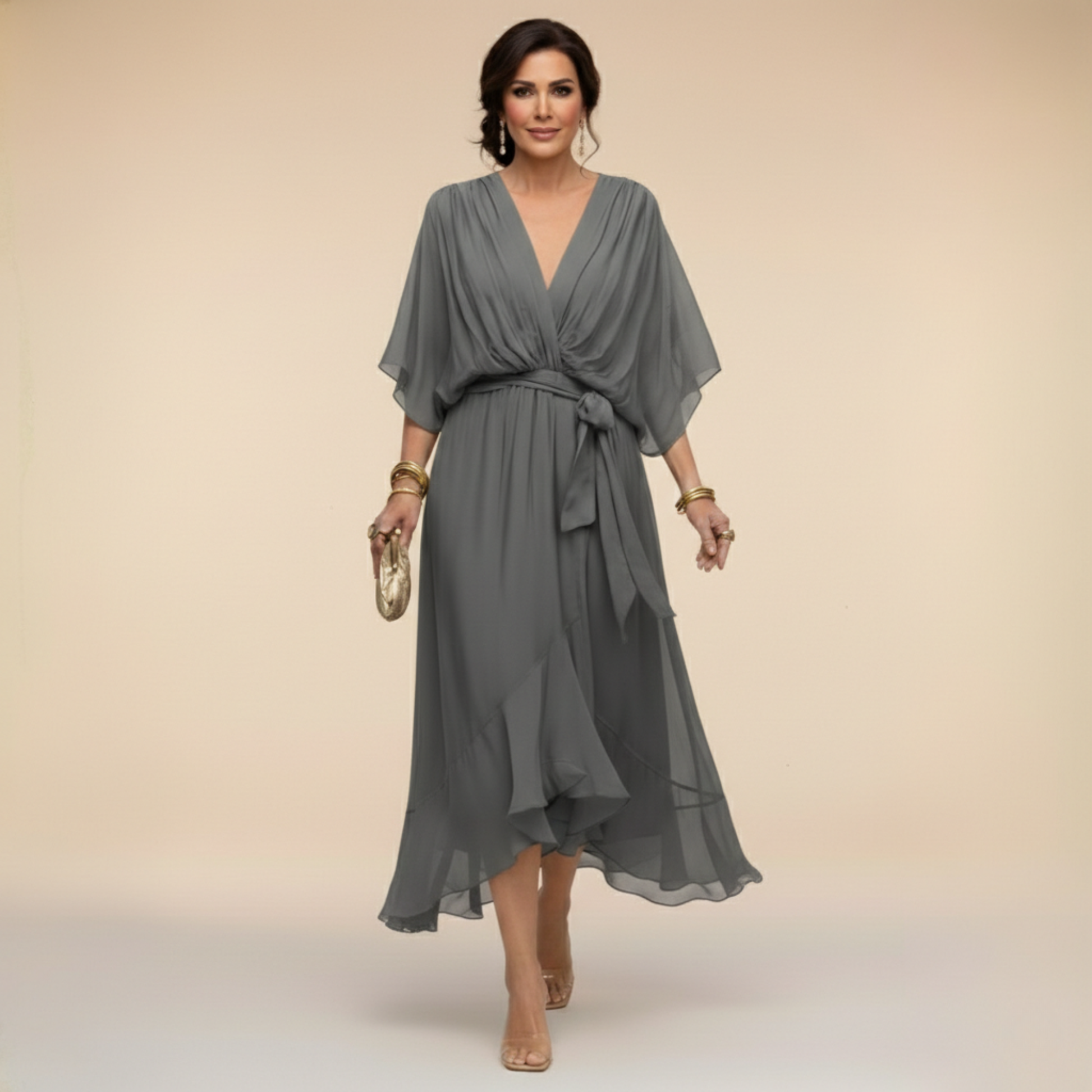 Women’s Midi Dress with V-Neck, Batwing Sleeves and Belt - 7