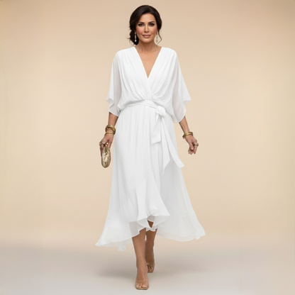 Women’s Midi Dress with V-Neck, Batwing Sleeves and Belt - 8