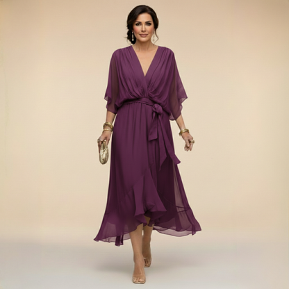 Women’s Midi Dress with V-Neck, Batwing Sleeves and Belt - 9
