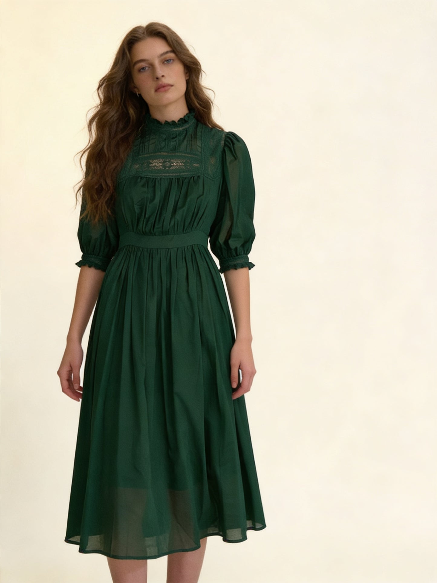 Femme Robe Midi à Col Montant Froncé et Manches Bouffantes A-ligne 1