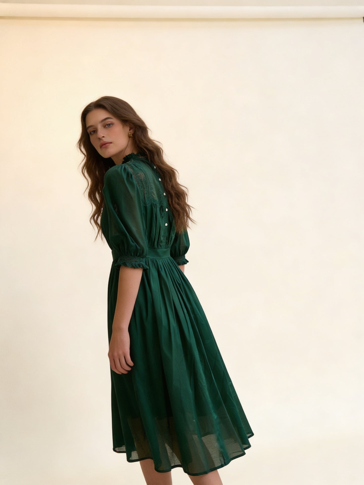 Femme Robe Midi à Col Montant Froncé et Manches Bouffantes A-ligne 2
