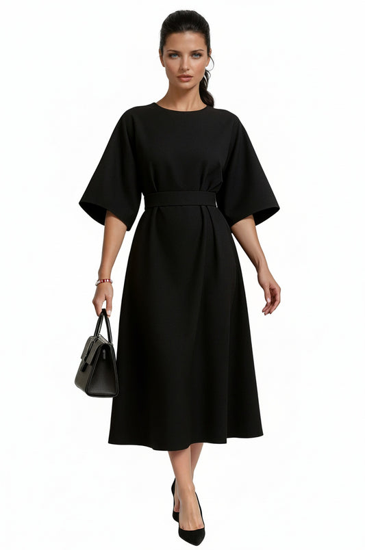 Femme Robe Midi à Col Rond avec Manches Kimono et Ceinture Structurée