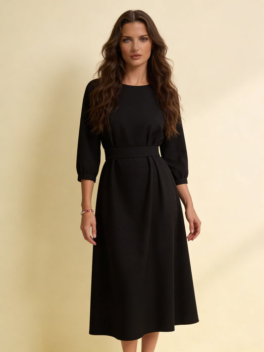 Femme Robe Midi à Col Rond avec Manches Kimono et Ceinture Structurée 1