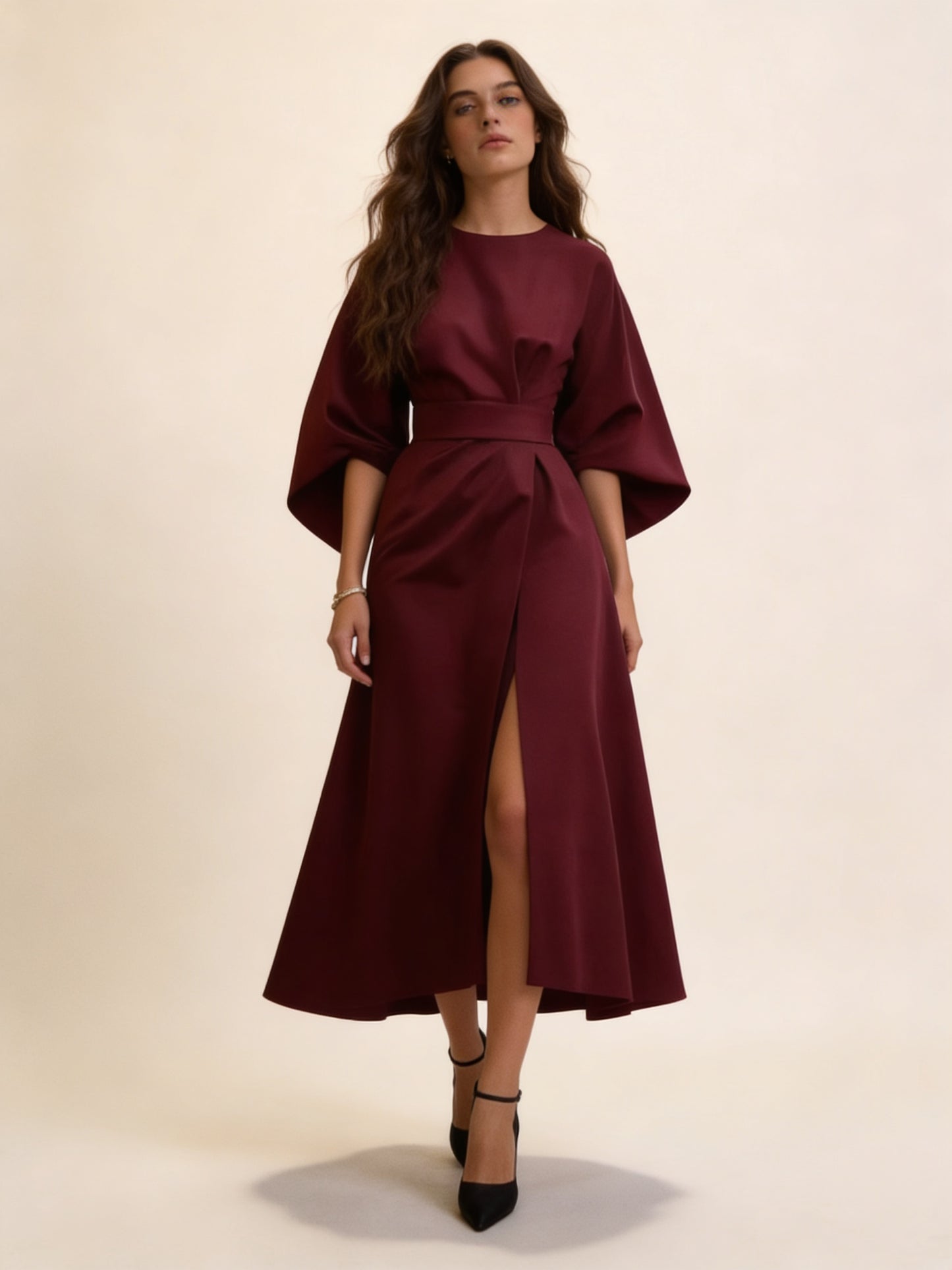 Femme Robe Midi à Col Rond avec Manches Kimono et Ceinture Structurée 3