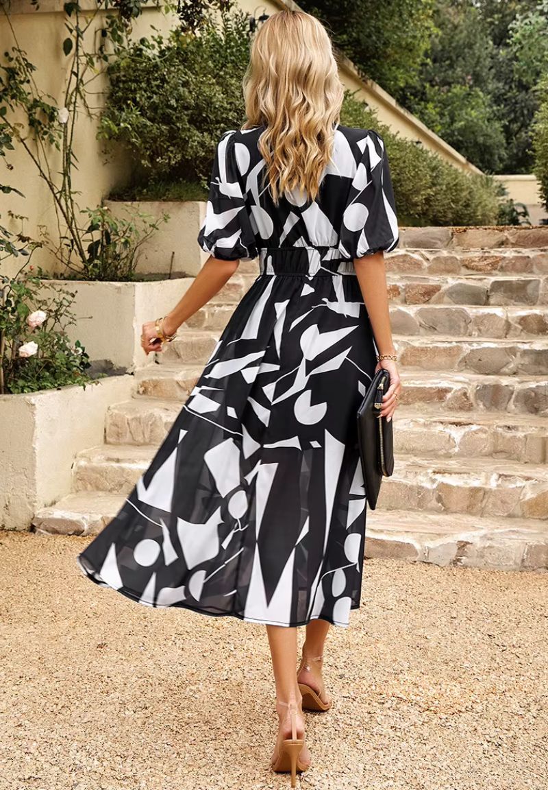 Femme Robe Midi à Imprimé Floral avec Col en V et Manches Bouffantes