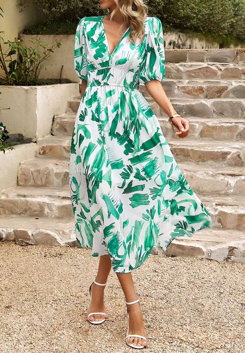 Femme Robe Midi à Imprimé Floral avec Col en V et Manches Bouffantes