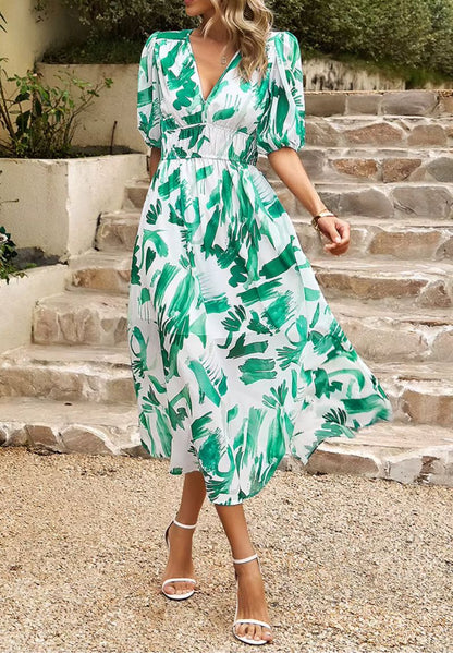 Femme Robe Midi à Imprimé Floral avec Col en V et Manches Bouffantes