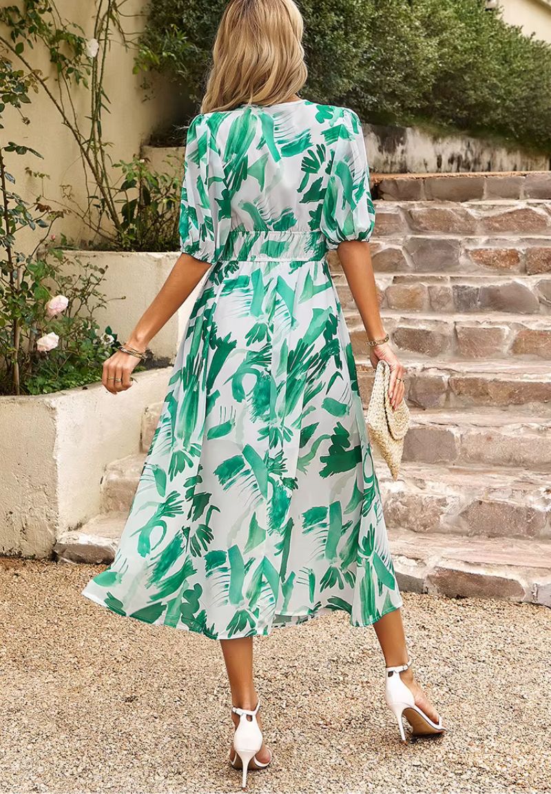 Femme Robe Midi à Imprimé Floral avec Col en V et Manches Bouffantes