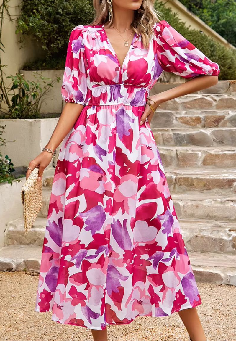 Femme Robe Midi à Imprimé Floral avec Col en V et Manches Bouffantes