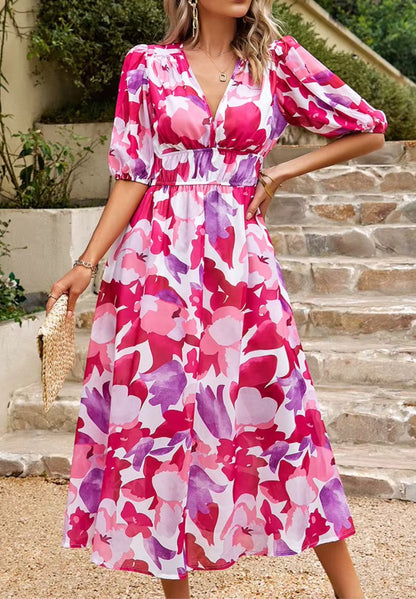 Femme Robe Midi à Imprimé Floral avec Col en V et Manches Bouffantes
