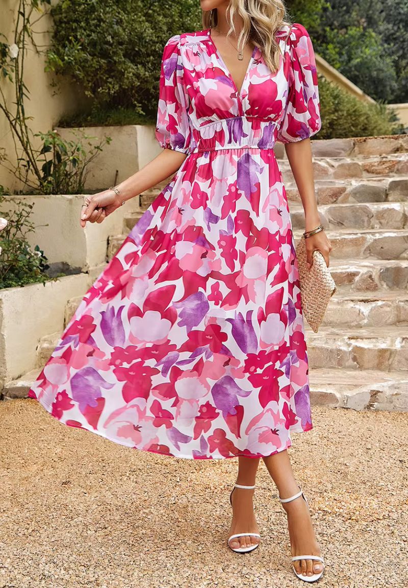 Femme Robe Midi à Imprimé Floral avec Col en V et Manches Bouffantes