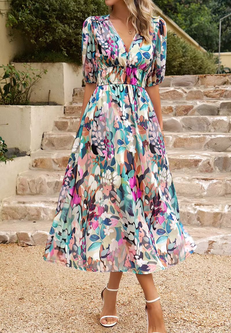 Femme Robe Midi à Imprimé Floral avec Col en V et Manches Bouffantes