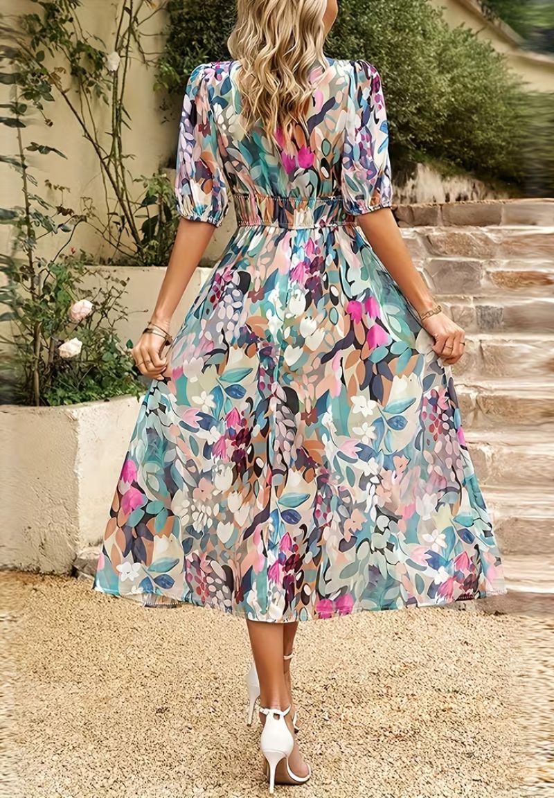 Femme Robe Midi à Imprimé Floral avec Col en V et Manches Bouffantes