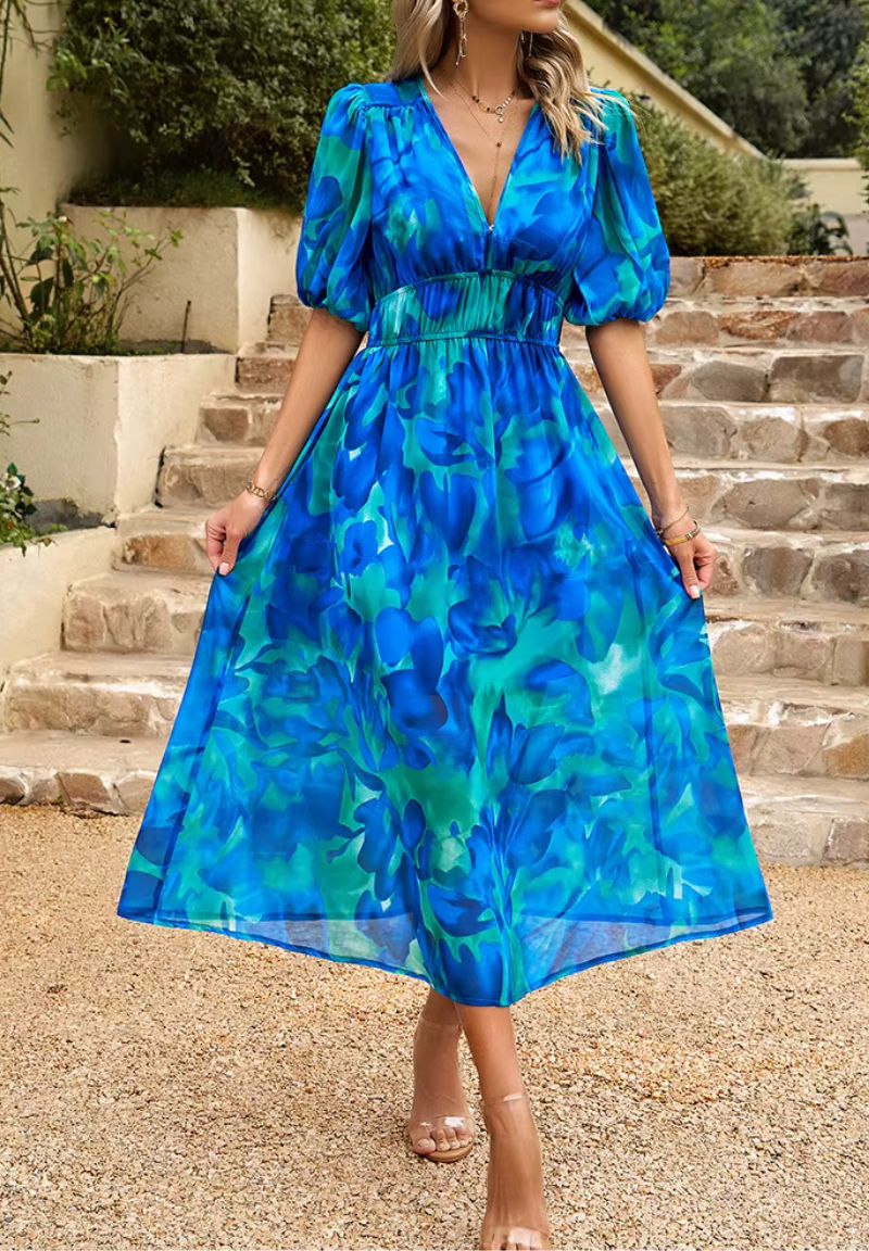 Femme Robe Midi à Imprimé Floral avec Col en V et Manches Bouffantes