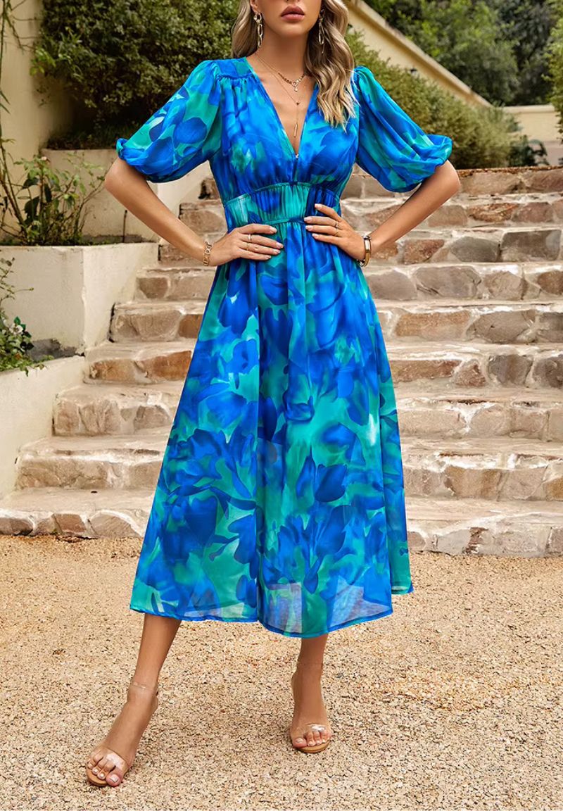 Femme Robe Midi à Imprimé Floral avec Col en V et Manches Bouffantes