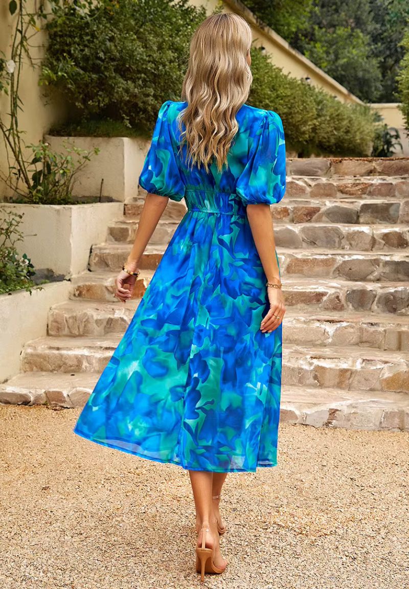 Femme Robe Midi à Imprimé Floral avec Col en V et Manches Bouffantes