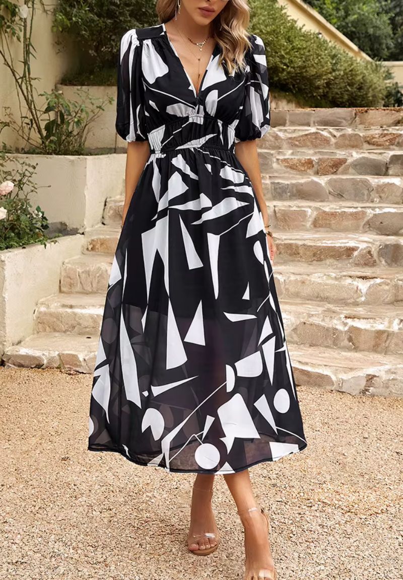 Femme Robe Midi à Imprimé Floral avec Col en V et Manches Bouffantes
