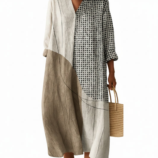 Femme Robe Midi à Imprimé Géométrique avec Col en V et Manches Trois-Quarts