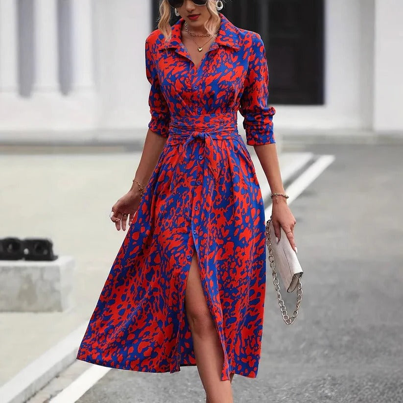 Femme Robe Midi A-Ligne à Imprimé avec Col Chemise, Boutons et Ceinture