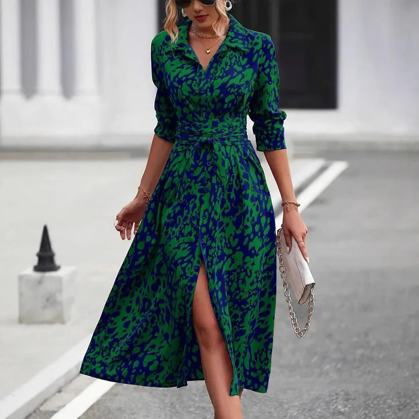 Women's A-Line Midi Dress with Print, Shirt Collar, Buttons, and Belt - 3