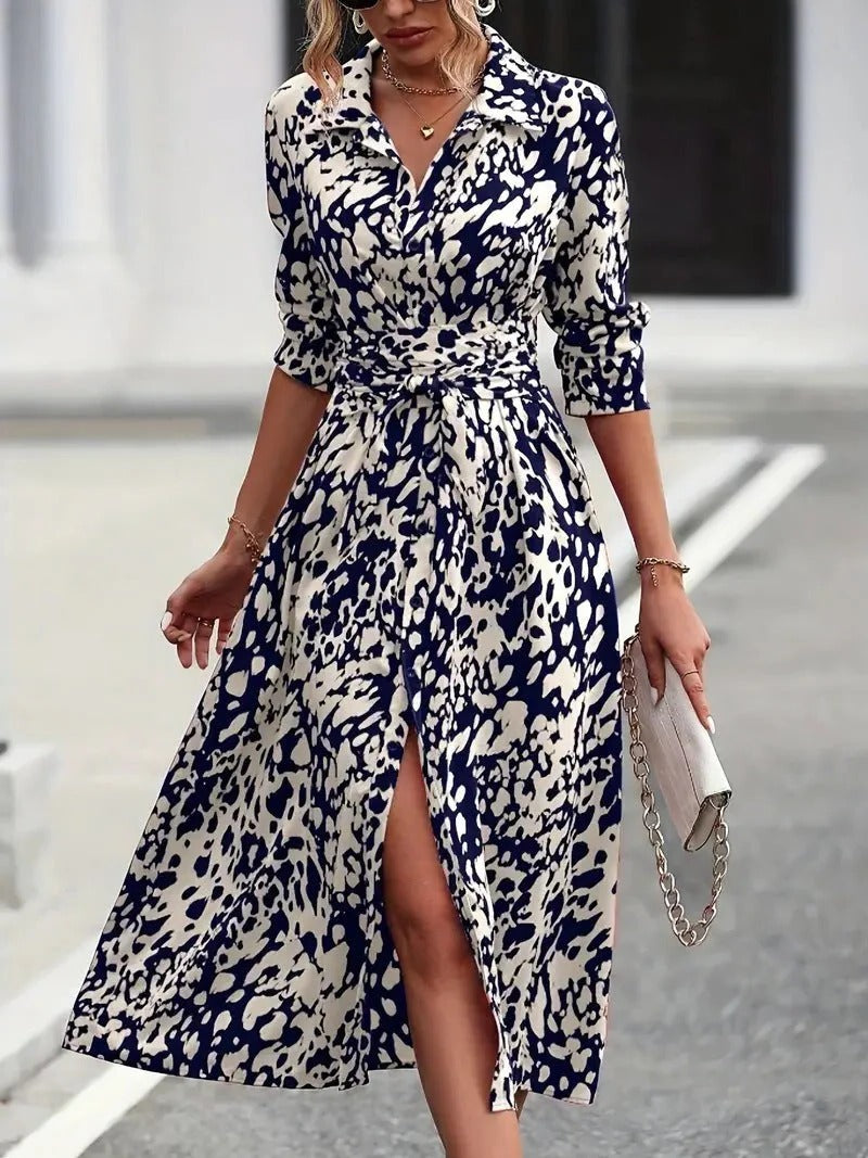 Femme Robe Midi A-Ligne à Imprimé avec Col Chemise, Boutons et Ceinture