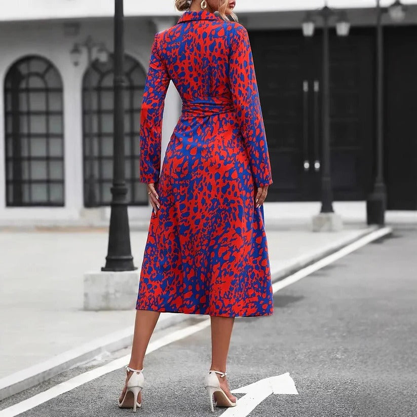 Femme Robe Midi A-Ligne à Imprimé avec Col Chemise, Boutons et Ceinture