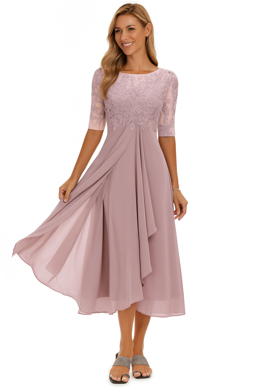 Women's Short Sleeve A-Line Midi Dress with Embroidery and Asymmetrical Skirt - 2