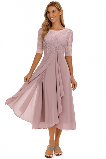 Women's Short Sleeve A-Line Midi Dress with Embroidery and Asymmetrical Skirt - 2