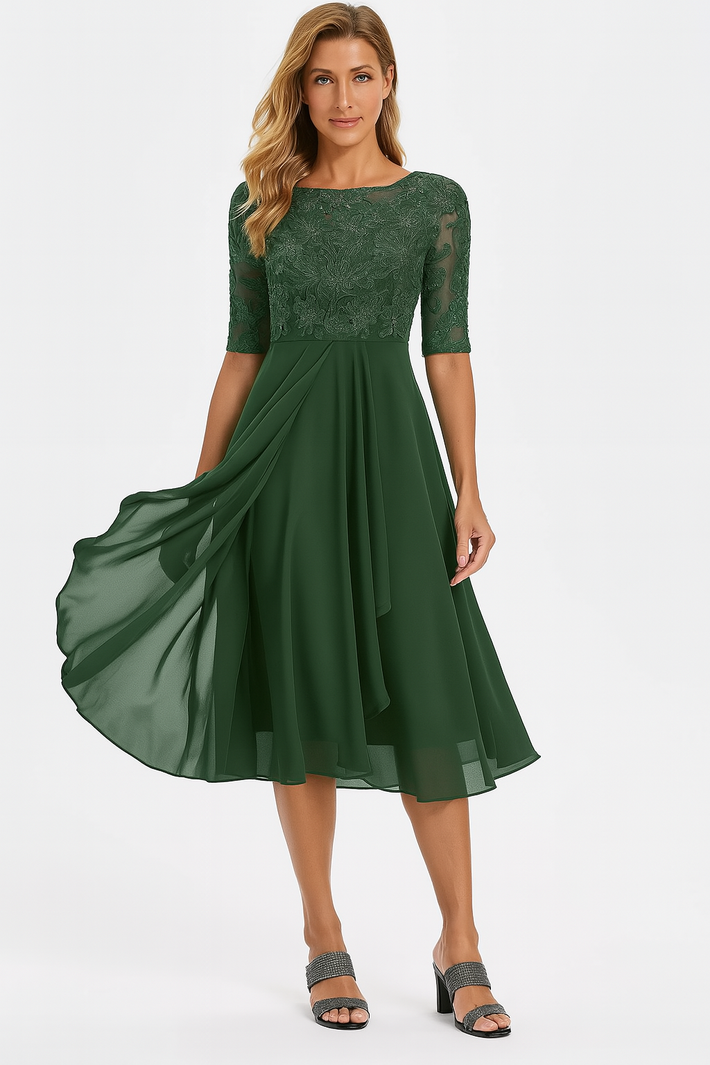 Women's Short Sleeve A-Line Midi Dress with Embroidery and Asymmetrical Skirt - 3