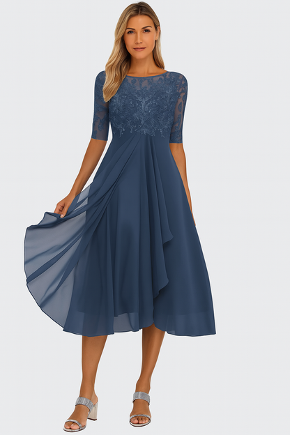 Women's Short Sleeve A-Line Midi Dress with Embroidery and Asymmetrical Skirt - 4
