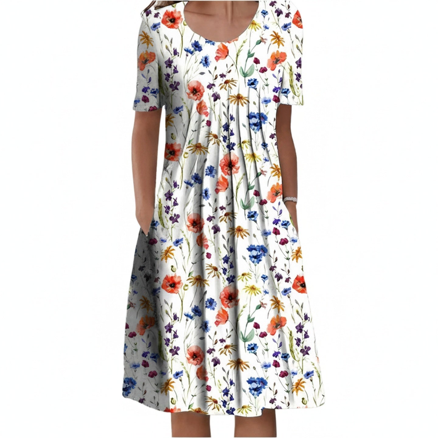 Femme Robe Midi à Manches Courtes avec Col Rond et Imprimé Floral
