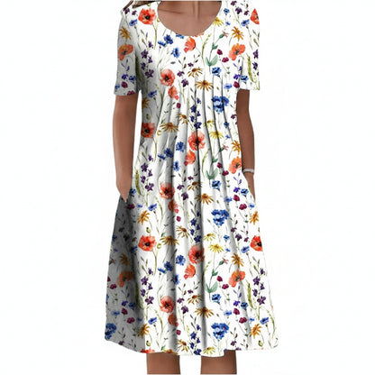 Women's Short Sleeve Midi Dress with Round Neck and Floral Print - 1
