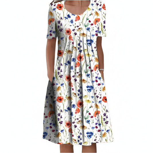 Femme Robe Midi à Manches Courtes avec Col Rond et Imprimé Floral