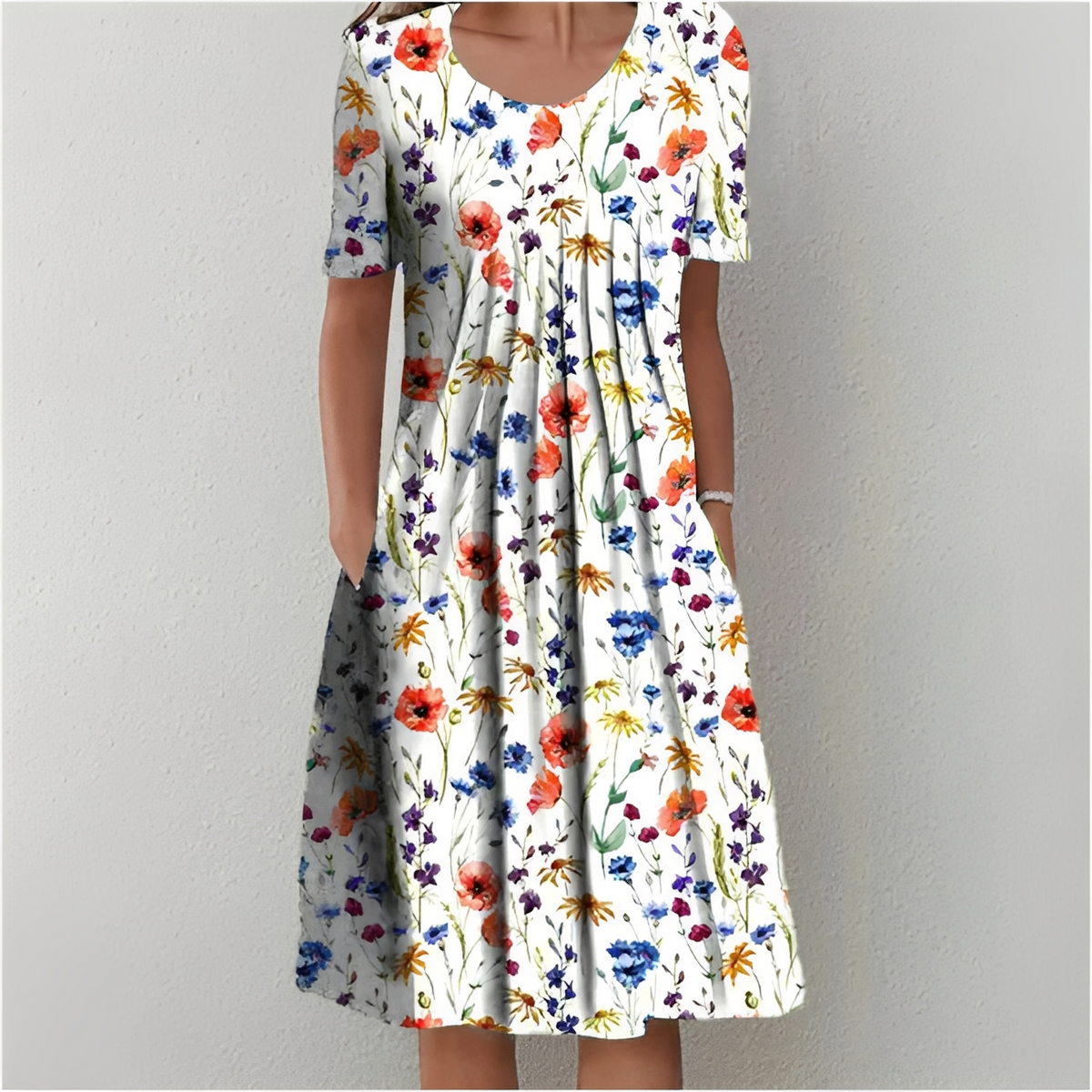 Women's Short Sleeve Midi Dress with Round Neck and Floral Print - 2