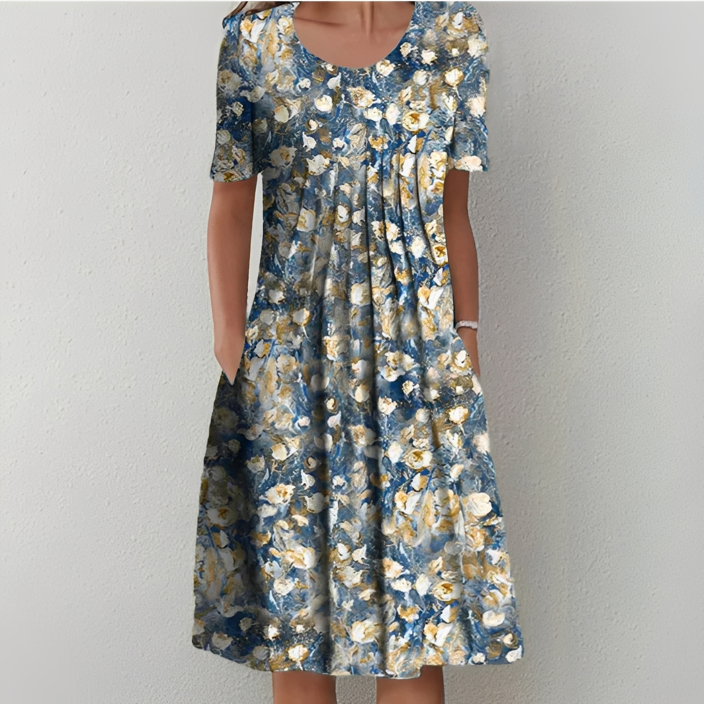 Femme Robe Midi à Manches Courtes avec Col Rond et Imprimé Floral