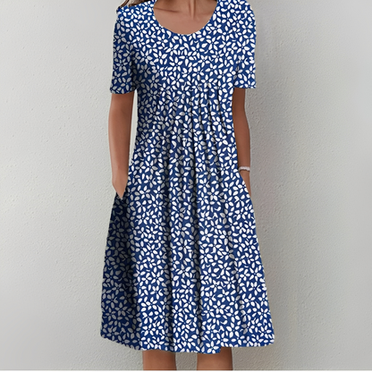 Women's Short Sleeve Midi Dress with Round Neck and Floral Print - 5