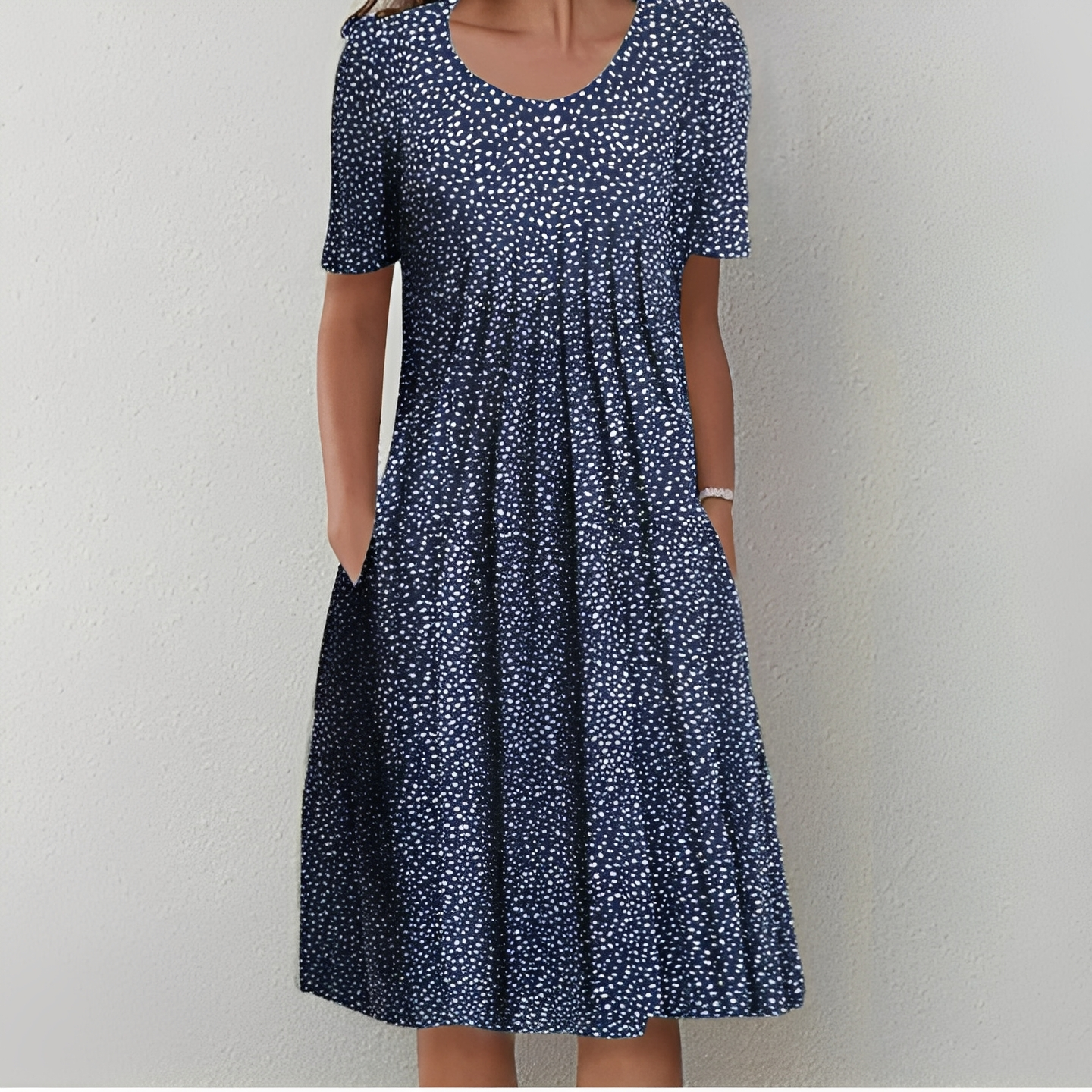 Femme Robe Midi à Manches Courtes avec Col Rond et Imprimé Floral