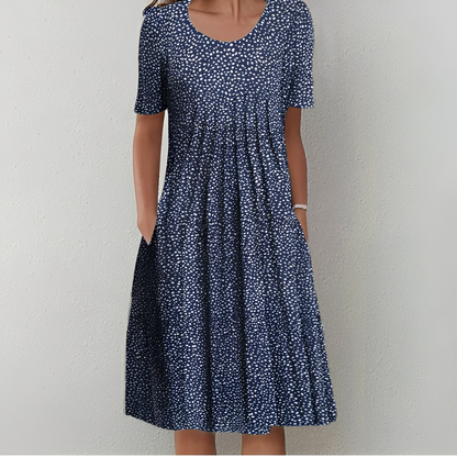Women's Short Sleeve Midi Dress with Round Neck and Floral Print - 6