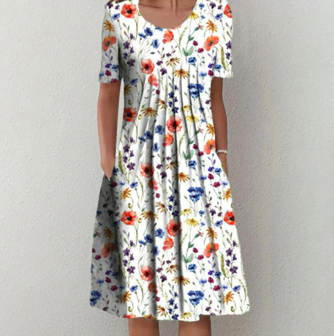 Femme Robe Midi à Manches Courtes avec Encolure Ronde et Imprimé Floral