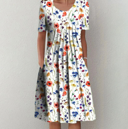 Women's Short Sleeve Midi Dress with Round Neck and Floral Print - 2