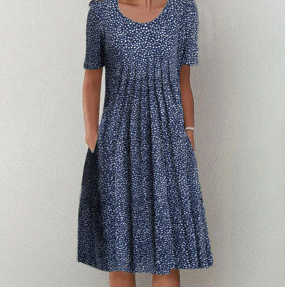 Women's Short Sleeve Midi Dress with Round Neck and Floral Print - 4