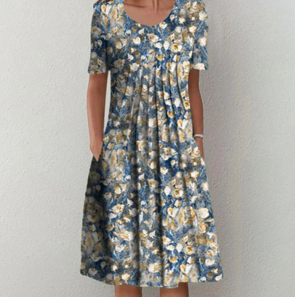 Women's Short Sleeve Midi Dress with Round Neck and Floral Print - 6